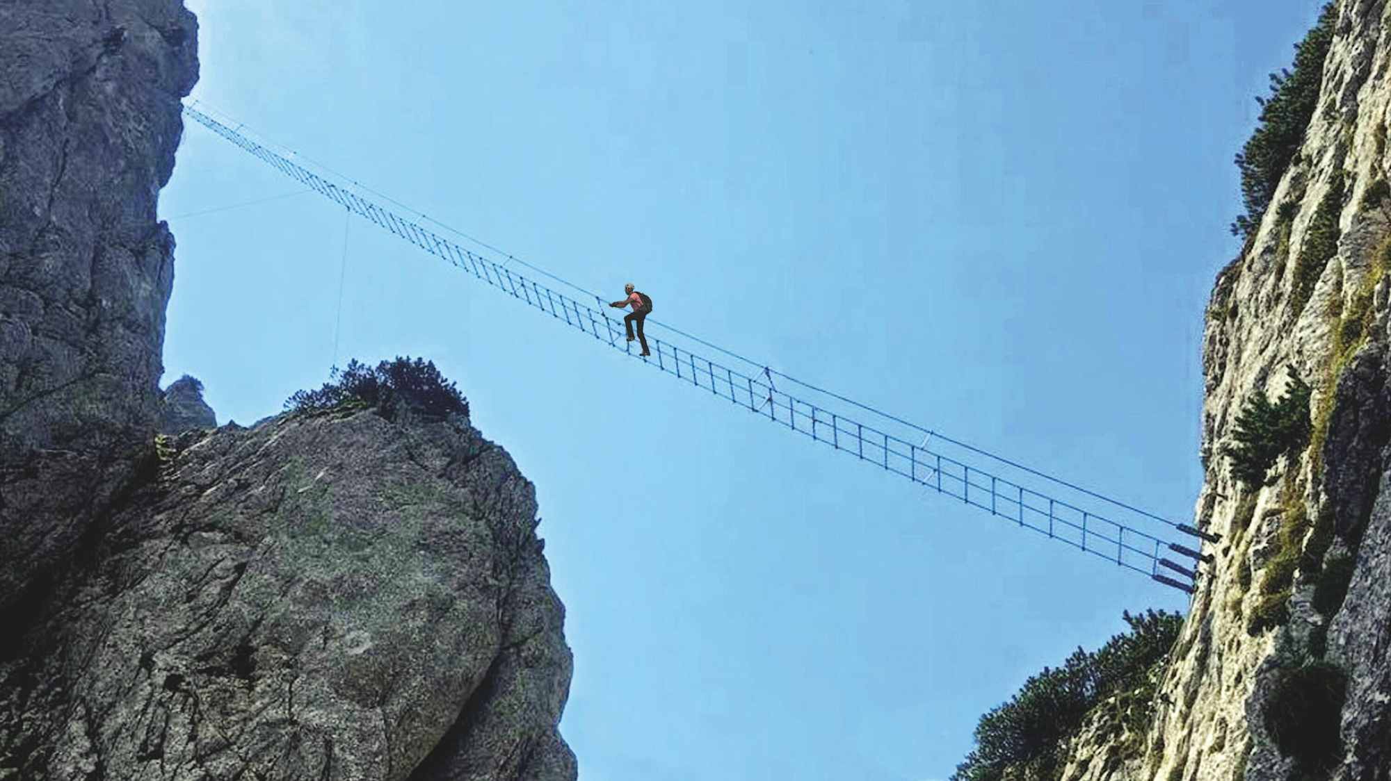 Spektakuläre, ca. 40 Meter lange Riesenleiter über die Schlucht zum Donnermandl
